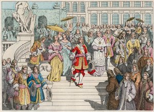 Ludwik XIV (Ludwik 14) i jego dwór w Wersalu - Ludwik XIV z Francji i jego dwór w Wersalu - Rycina z końca XIX wieku w „”Nos Gires Nationales – Images et recits”” autorstwa French School