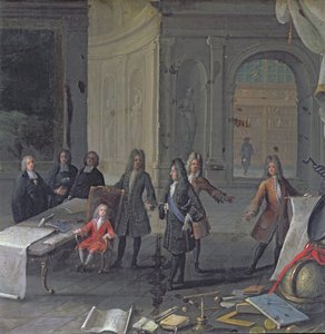 Ludwik XIV uczęszczający na lekcję swojego prawnuka, przyszłego Ludwika XV, ok. 1715 autorstwa French School