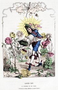 Ludwik XIV przebrany za ogrodnika – w „Histoire de France Tintamarresque” autorstwa Touchatout autorstwa French School