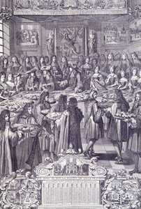 Ludwik XIV, miłość i zachwyt swego ludu, rycina z Almanacco autorstwa French School