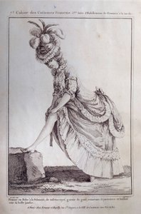 Moda Ludwika XVI: portret stopy młodej kobiety w polskiej sukience w pasiastej taftie. Rycina z 1778 r. Paryż, sztuka dekoracyjna autorstwa French School