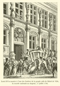 Ludwik XVI ukazuje się księżycem z okien wielkiej sali Hôtel de Ville, narodowa kokarda na kapeluszu, 17 lipca 1789 autorstwa French School