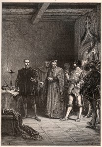 Ludwik de Berquin (1485-1529), rycerz i humanista, reformator religijny, wyzwolony przez Jeana de la Barre (1523-1533) prevot de Paris - Louis de Berquin (z lewej) zwolniony z więzienia przez Jana de la Barre - rycina z „” Historia Francji opowiedziana moj autorstwa French School