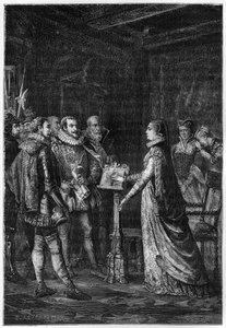 MARY STUART (1542-1587) Królowa Szkotów. Mary Stuart przysięga, że nigdy nie planowała odebrać życia królowej Anglii Elżbiecie I – grawerunek z „L