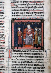 MS.782 Childeryk II (ok. 650-675), Klodomir (ok. 495-524) i prawdopodobnie Teodoryk, reprezentowany jako pod ochroną króla Clotaire I (ok. 497-561), siedzący na tronie, miniatura z Chroniques de Saint-Denis (welin) autorstwa French School