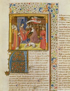 MS 246 f.1r Raoul de Presles przedstawia swoje tłumaczenie Karolowi V (1338-80) z La Cite de Dieu św. Augustyna, przekład Raoul de Presles (1316-82) c.1400-50 autorstwa French School