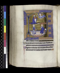 MS 300 f.125v, Dawid modli się do Boga (powyżej); Bóg z kulą i Chrystus z księgą siedzącą na ławce (poniżej), z Psałterza i Godzin Izabeli Francuskiej, Paryż, ok. 1265-70 (pióro i atrament oraz tempera na pergaminie) autorstwa French School