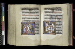 MS 300 f.198v-199r, Suffrage to the Cross and Suffrage to Angels, z Psałterza i Godzin Izabeli Francuskiej, Paryż, ok. 1265-70 (pióro i tusz oraz tempera na pergaminie) autorstwa French School