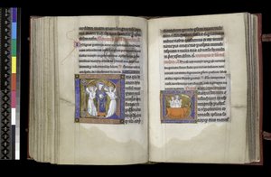 MS 300 f202v-203r, Suffrage to St Denis i Suffrage to St Eustace, z Psałterza i Godzin Izabeli Francuskiej, Paryż, ok. 1265-70 autorstwa French School
