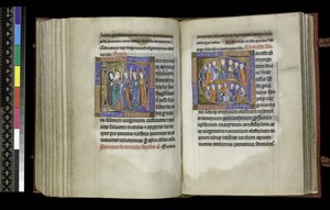 MS 300 f.207v-208r, Suffrage to Virgins and Suffrage to All Saints, z Psałterza i Godzin Izabeli Francuskiej, Paryż, ok. 1265-70 (pióro i tusz oraz tempera na pergaminie) autorstwa French School