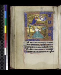 MS 300 f.70v, Dawid modli się do Boga (powyżej), Dawid tonie w wodzie (poniżej), z Psałterza i Godzin Izabeli Francuskiej, Paryż, ok. 1265-70 (pióro i tusz oraz tempera na pergaminie) autorstwa French School