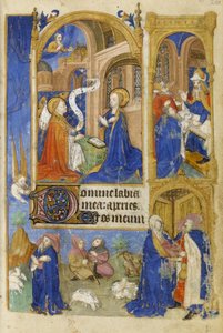MS 39-1950 f.26r Zwiastowanie i Zwiastowanie Pasterzom, 1464 (złoty, srebrny i kolorowy tusz na pergaminie) autorstwa French School