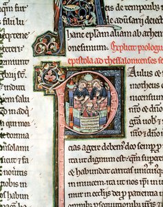MS 3 Cz. 291v Ucieczka św. Pawła z Damaszku, iluminowana litera P, XIII w., z Biblii Avranches autorstwa French School