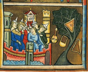 MS CXXXVII fol. 139v, Żałoba po Żydach w Babilonie, z Psałterza św. Elżbiety (tempera i złoty płatek na welinie) autorstwa French School