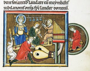 MS CXXXVII fol. 149r, Król Dawid trzymający psałterz i grający muzycy, z Psałterza św. Elżbiety (tempera i złoty płatek na welinie) autorstwa French School