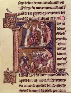 MS Fr 9081 f.99v Historyczny inicjał R przedstawiający króla Baldwina I Flandrii (1171–1205) koronowany na cesarza łacińskiego w 1204 r. i jego hojność wobec tureckiej kobiety wysyłającej swoje dziecko autorstwa French School