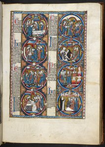 SM. Harley 1527, f.77r, miniatury z biblijnego moralisée (welin) autorstwa French School