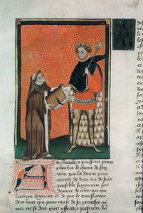 MS Hunter 8 f.9r Tłumacz Courbichon prezentujący książkę Karolowi V autorstwa French School