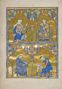 MS M.240 f.8r, Blanche z Kastylii i król Francji Ludwik IX i niżej: Autor dyktuje skrybie, Biblia św. Ludwika (Biblia Moralizowana), prawdopodobnie Paryż autorstwa French School