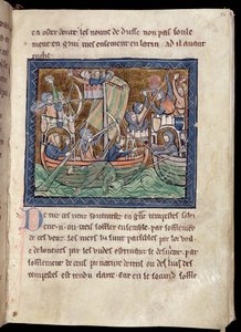 MS Marlay Add 1 f.86 Strona tekstu z iluminacją bitwy morskiej, z De Re Militari, c.1270 autorstwa French School