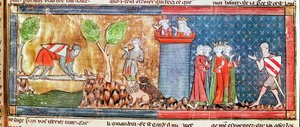 M. 806 f.166 Lancelot udowadnia swoją miłość do Ginewry, przekraczając rzekę połączoną ostrym mieczem, z Roman de Lancelot du Lac, 1344 autorstwa French School