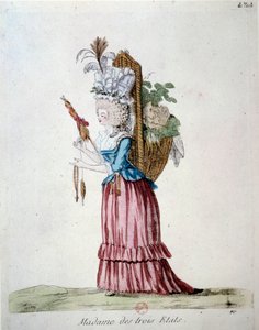 Madame of the Three States Kobieta ubrana elegancko i niosąca kosz owoców i warzyw reprezentujących trzy stany z czasów rewolucji francuskiej. Rycina z 1789 r. Biblioteka Arsenału, Paryż autorstwa French School