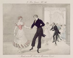 Mademoiselle Busc i Monsieur Gorset, płyta 111 z gatunku le Bon, ok. 1810 (kolorowe grawerowanie) autorstwa French School