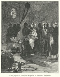 Mężczyzna torturowany brodekinami i ogniem (grawerunek) autorstwa French School
