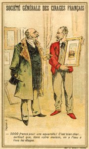 Mężczyzna targujący się o cenę akwareli z artystą (chromolitho) autorstwa French School