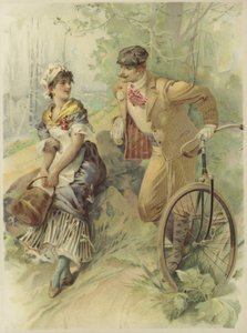 Mężczyzna na rowerze oświadczający się pokojówce (chromolitografia) autorstwa French School