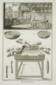 Produkcja korków do butelek, z Encyclopedie des Sciences et Metiers autorstwa Denisa Diderota (1713-84) opublikowanej ok. 1770 r. autorstwa French School