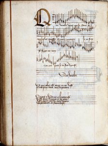 Strona rękopisu zbioru partytur pieśni francuskich. XV wiek. Dijon, Biblioteka Miejska autorstwa French School