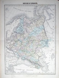 Mapa przedstawiająca europejską Rosję, ok. 1840 (kolorowy grawerunek) autorstwa French School