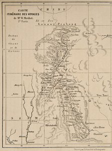 Mapa Laosu i rzeki Mekong przedstawiająca trasę podróży Henri Mouhota, ilustracja z Podróży po środkowych częściach Indochin (Syjamu), Kambodży i Laosu w latach 1858, 1859,