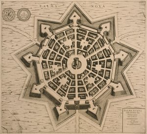 Mapa Palmanova, z Les Villes de Venetie, 1704, opublikowana przez Rutgerta Albertsa w Hadze