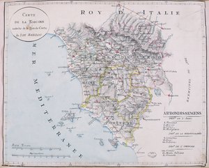 Mapa Toskanii, szczegół dużej mapy J. de Baillou (ołówek, tusz i akwarela na papierze) autorstwa French School