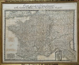 Mapa Cesarstwa Francuskiego (Pierwszego Cesarstwa) wyhaftowana przez uczniów domu cesarskiego Legii Honorowej Saint Denis. Zdjęcie haftu z 1809 roku. Ile d