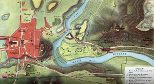 Mapa kraju Lourdes z 1877 roku: pokazuje lokalizację domu Bernadetty Soubirous, jaskini, w której widziałaby Maryję Dziewicę, a także bazyliki, klasztorów karmelitów i benedyktynów oraz Pałacu Biskupiego. Wysokie Pireny autorstwa French School