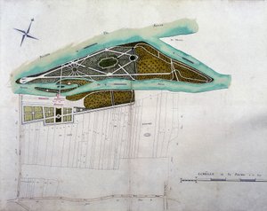 Mapa ogrodu Moulin Joly. Tablica atlasu planów terytorium Colombes (1780), zachowana w Archiwum Narodowym. autorstwa French School