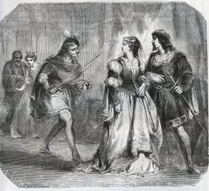 Marguerite de Baviere, księżna Burgundii (1363-1423) i królowa Izabela (Isabelle, Elżbieta) z Baviere (1371-1435) osobno Ludwik I Walezyjski, książę Orleanu (1372-1407) i Jean Sans Ppeur, książę Burgundii ( 1371-1419), którzy walczą o rząd autorstwa French School