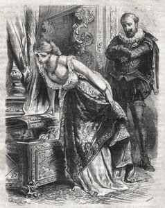 Małgorzata de Valois (1553-1615), znana jako królowa Margot, ukrywa w sejfie swojego kochanka, Juliena de Leris. Jej mąż, król Francji Henryk IV (1553-1610), z radością obserwuje tę scenę. 16 wiek. Grawerunek z 1871 roku w „Histoire Des Cocuses Celebres” a autorstwa French School