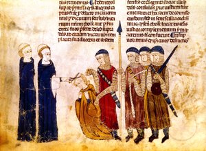 Małgorzata Burgundzka (1290-1315), żona francuskiego króla Ludwika X, ma obcięte włosy za cudzołóstwo (pergamin) autorstwa French School