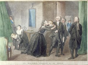 Marie-Antoinette (1755-1793) żegna się ze swoim synem delfinem, Louis-Charles de Bourbon (1785-1795) w Świątyni, 3 lipca 1793, (kolorowa grawerunek) autorstwa French School