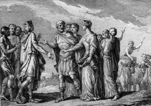 Ślub Chlodwiga I (466-511), króla Francji, z Klotyldą (Sainte Clotilde, ok. 475-545) w 493. Rycina z XVIII wieku. autorstwa French School