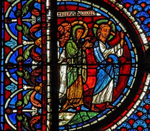 Okno Marii Magdaleny: Maria, Marta i Jezus idą do grobu Łazarza (w46) autorstwa French School