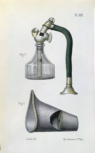 Maska do podawania eteru w celu znieczulenia pacjenta, z podręcznika medycznego Jean-Baptiste-Leon Dubreuil autorstwa French School