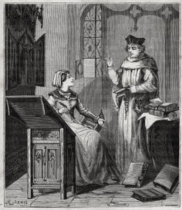 Matthieu Lansbert (Lansberg, Lansbergh, Laensberg lub Laensbergh) (XV-XVI wiek) et sa siostrzenica - Grawerowanie w „”Nauki udostępnione każdemu – fizyka i chemia”” Alexis Clerc – Koniec XIX wieku – Kolekcja prywatna autorstwa French School