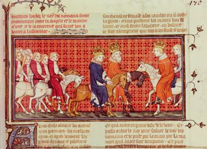 Spotkanie Karola V (1338-80) z cesarzem rzymskim Karolem IV (1316-78) w towarzystwie króla rzymskiego, z Grandes Chroniques de France autorstwa French School
