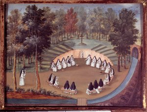 Spotkanie sióstr w Port Royal des Champs (Port Royal des Champs) na konferencji w samotności. Anonimowy obraz z XVIII wieku. Port royal, musee des Granges – Spotkanie sióstr zakonnych w „Port Royal des Champs”. Zgromadzenie Nonów opactwa P autorstwa French School