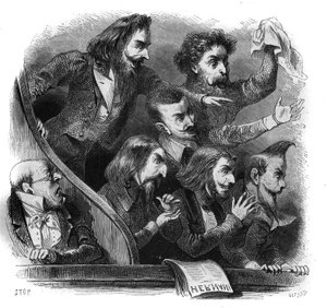 Członkowie romantycznego ruchu literackiego na pierwszym przedstawieniu sztuki Victora Hugo „Hernani” (1802-1885) w Comedie Francaise w Paryżu, 25 lutego autorstwa French School